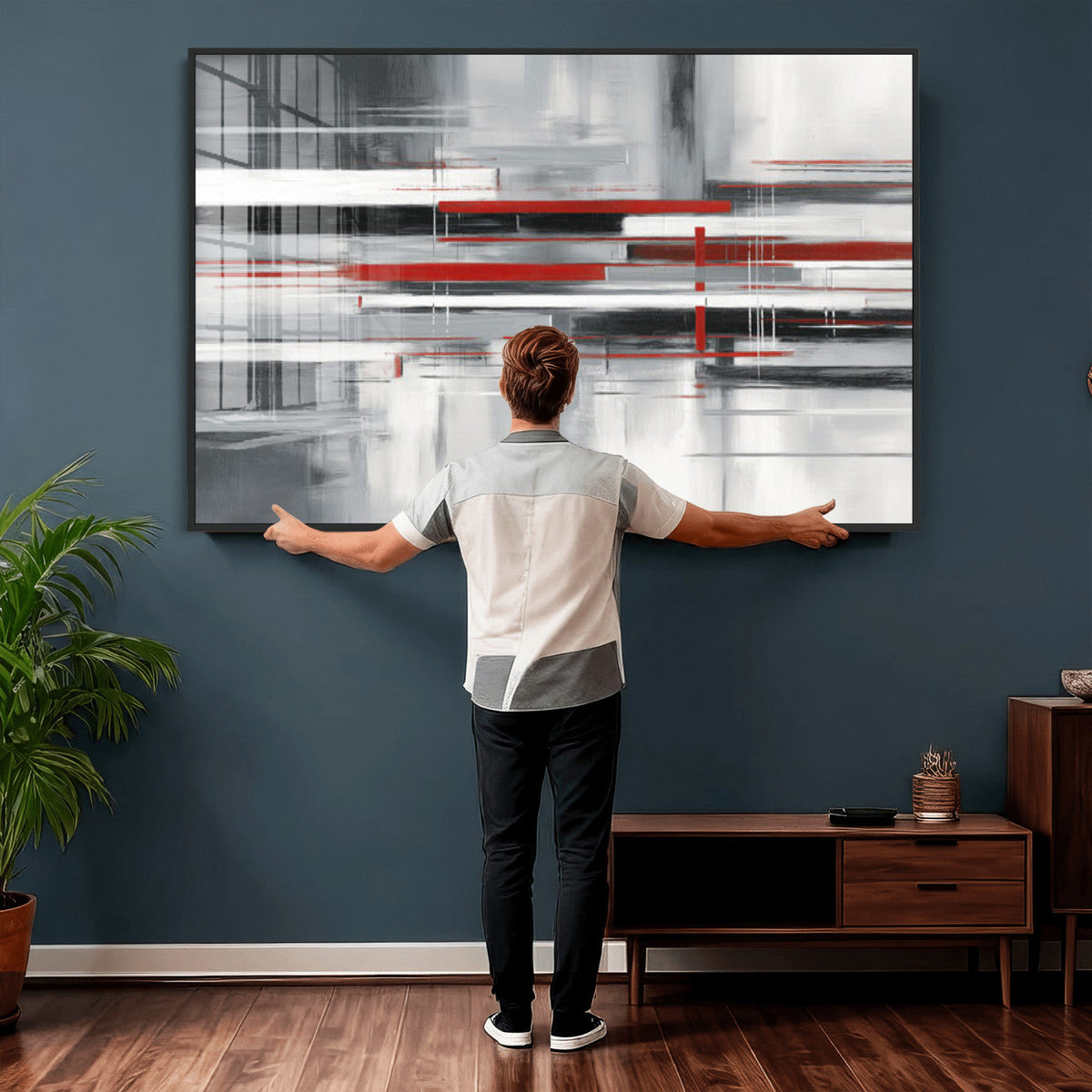 Gray Red Abstract Wall Art Canvas Print, Modern Abstract