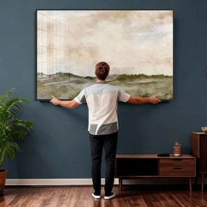 Muted Watercolor Hill Landscape Print — Beige Taupe Cloudy