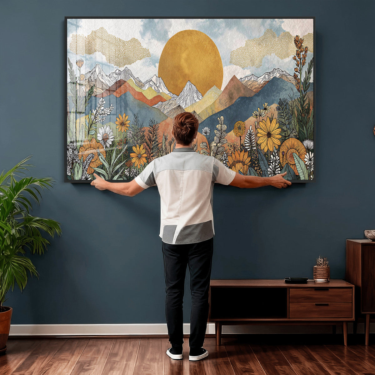 Boho Mountain Landscape Large Wall Art, Horizontal Gold
