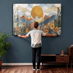 Boho Mountain Landscape Large Wall Art, Horizontal Gold