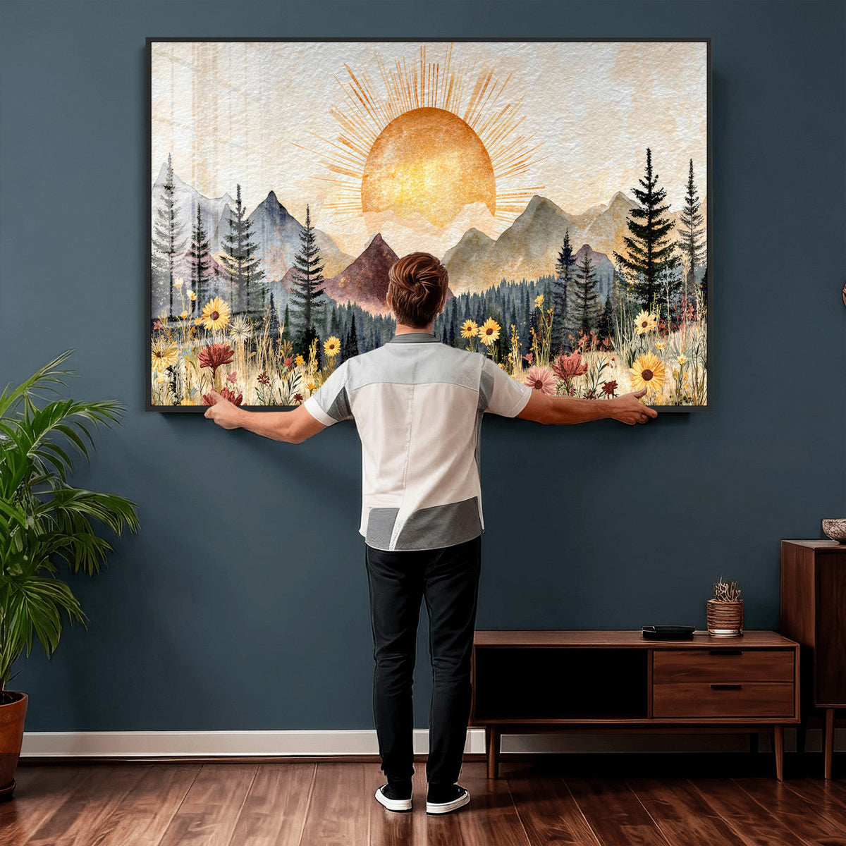 Boho Mountain Landscape Large Wall Art, Horizontal Gold