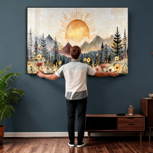 Boho Mountain Landscape Large Wall Art, Horizontal Gold