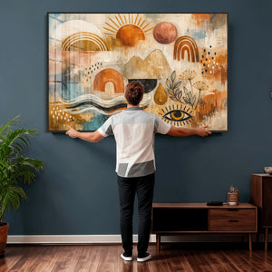 Geometric Boho Abstract Wall Art Canvas Print, Orange Blue