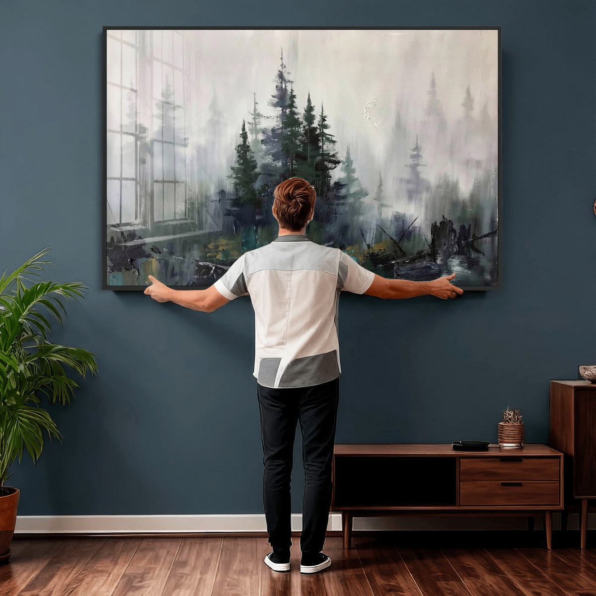Misty Pine Forest Oil Painting Canvas — Dark Moody Teal Grey