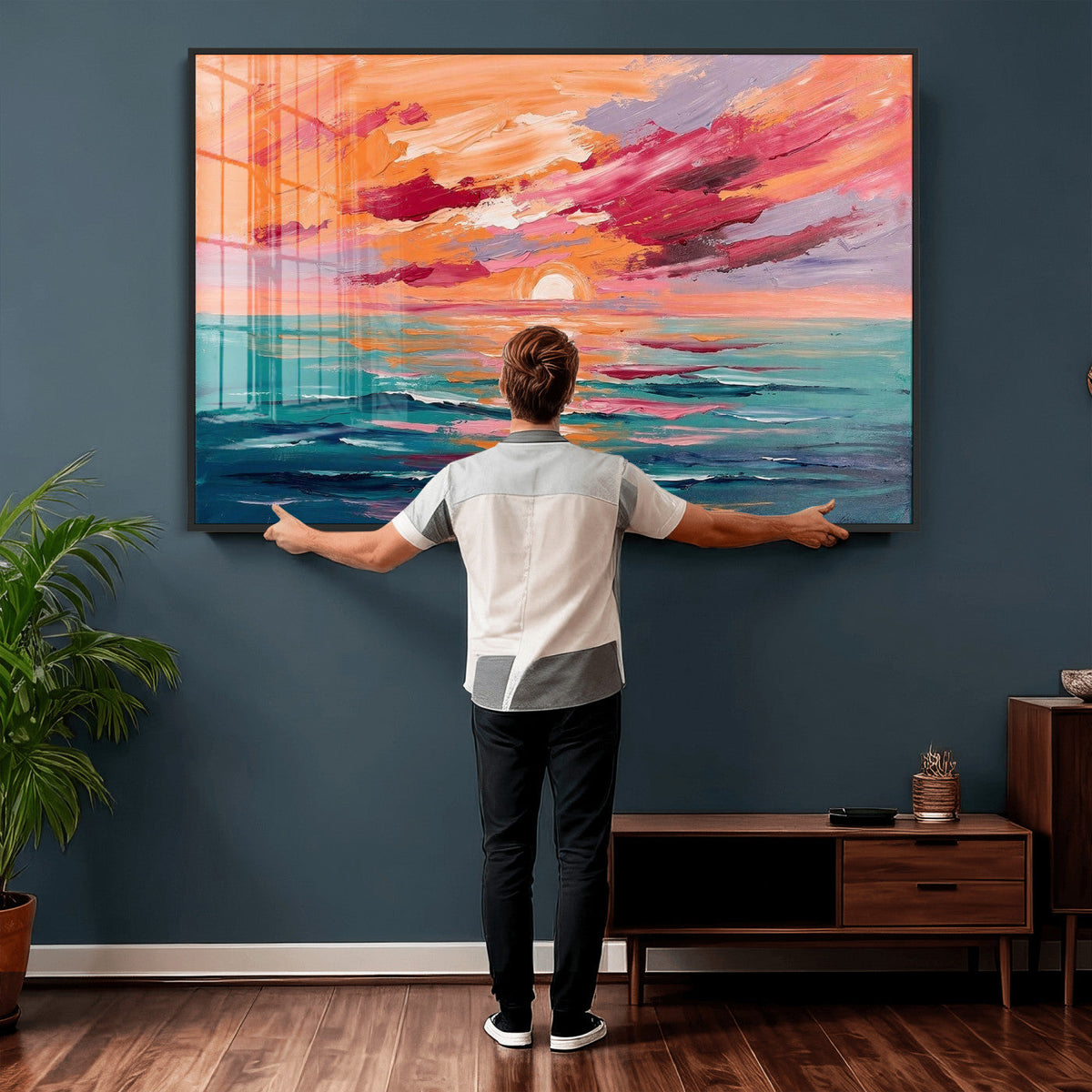 Bold Palette Knife Ocean Sunset Canvas — Orange Pink Teal