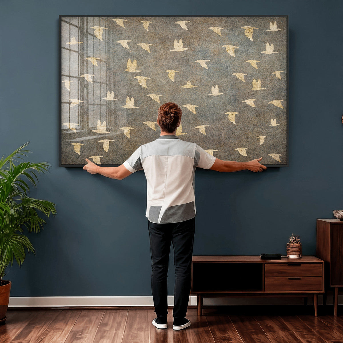 Flying Birds Canvas Wall Art, Vintage Bird Flock Pattern