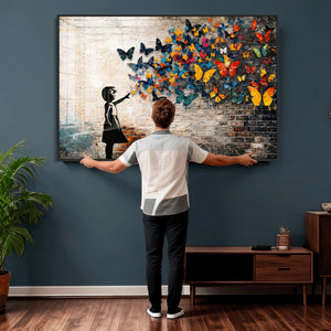 Banksy Graffiti Butterfly Girl Wall Art Canvas Print, Framed