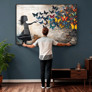 Banksy Butterfly Girl Wall Art Canvas Print, Framed Street