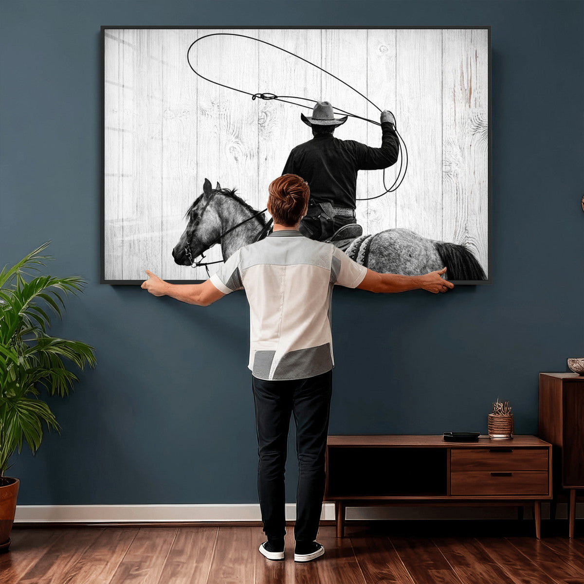 Cowboy Lasso Canvas Wall Art, Black White Western Horse