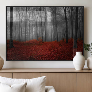 Red Forest Floor Canvas Wall Art – Mystical Foggy Woodland