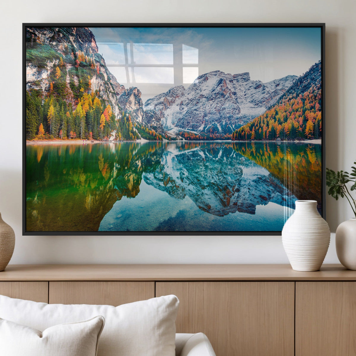 Spectacular autumn view of Braies Lake Wall Art Canvas Print