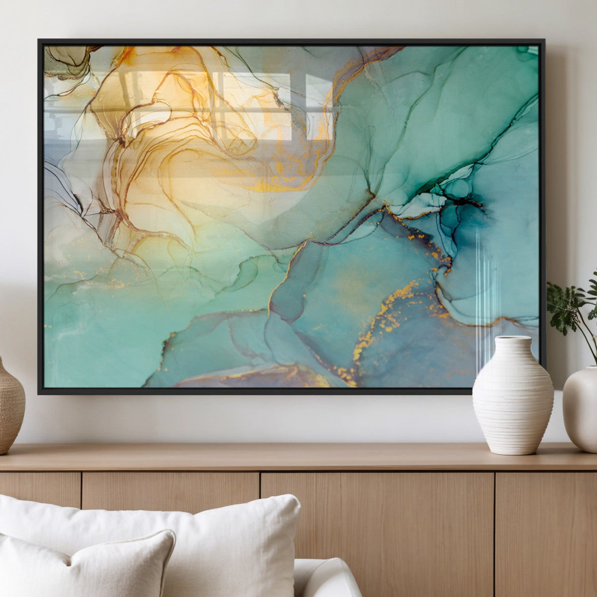 Abstract Aqua and Gold Fluid Wall Art Canvas | 3 Panel Large
