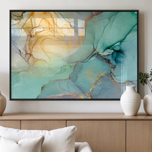 Abstract Aqua and Gold Fluid Wall Art Canvas | 3 Panel Large