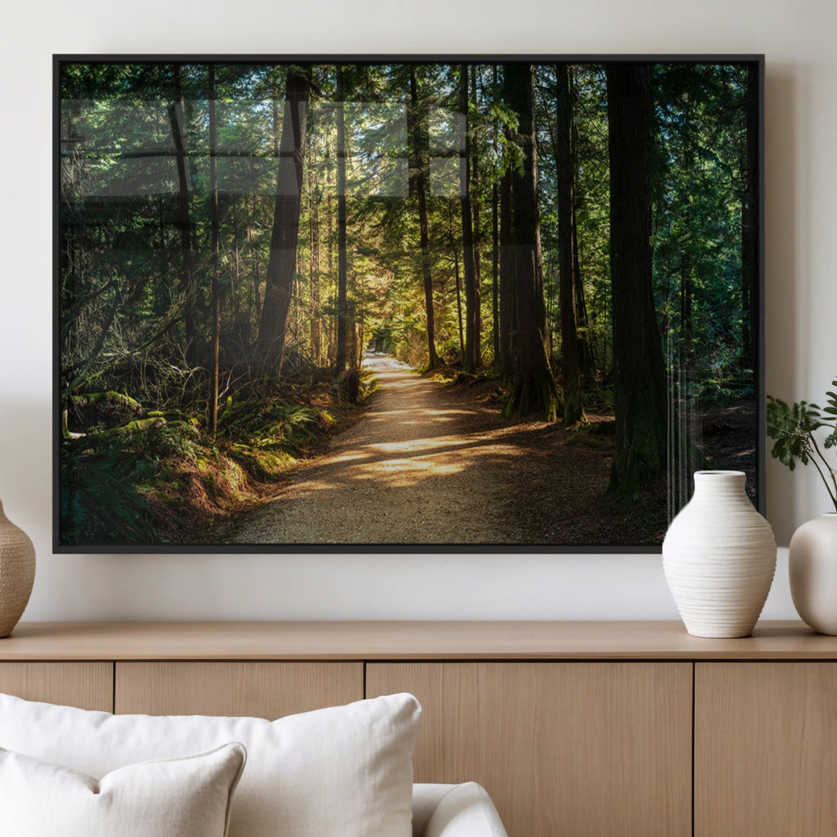 Sunlit Forest Pathway Canvas Print | 3 Panel Large Nature
