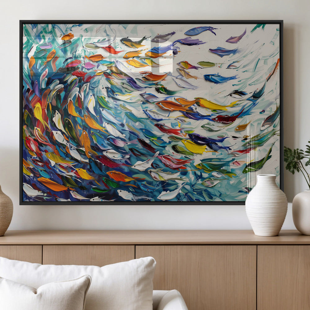 Modern Abstract Fish Shoal Wall Art Canvas Print, Colorful