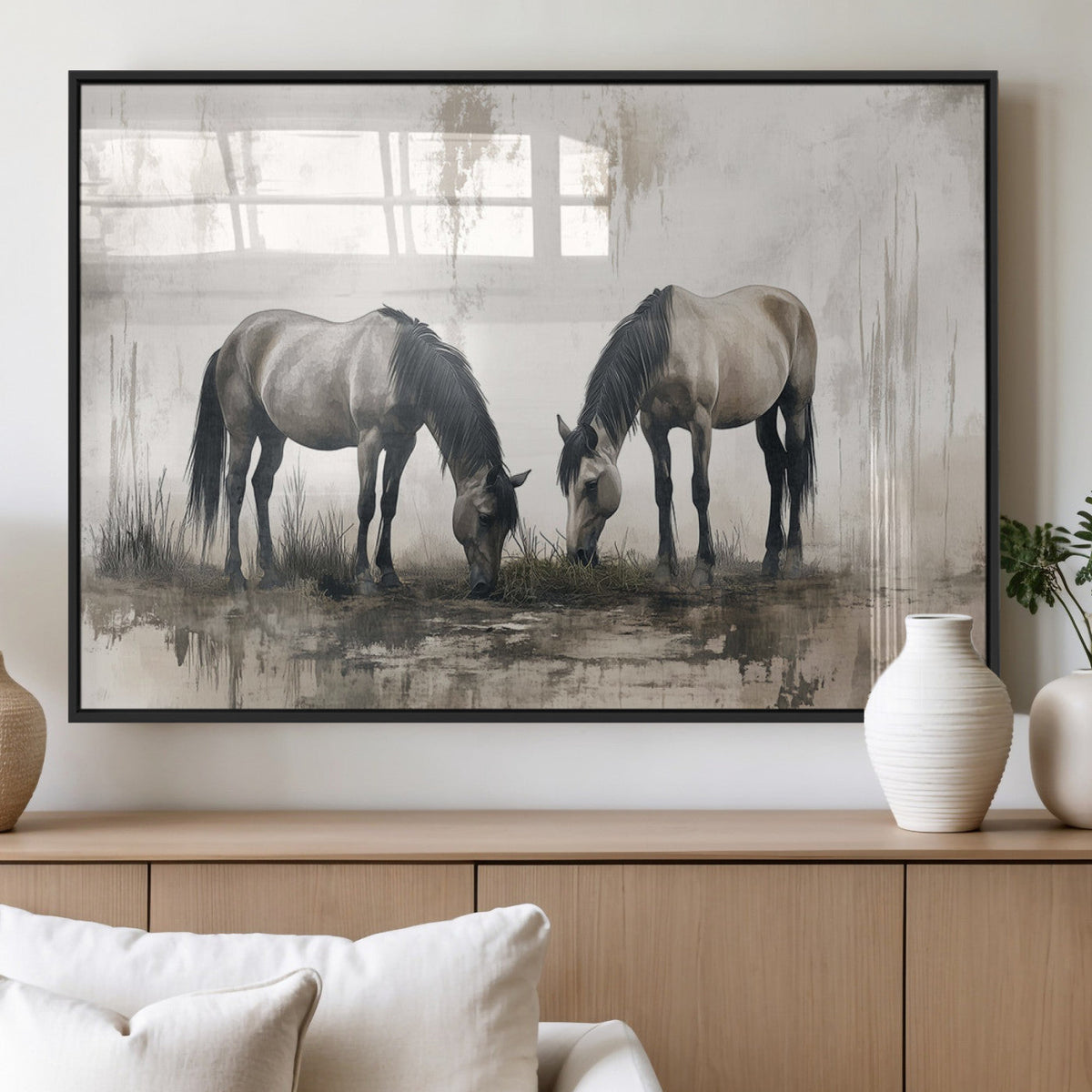 Chines Ink Style Vintage Horses Wall Art Canvas Print for