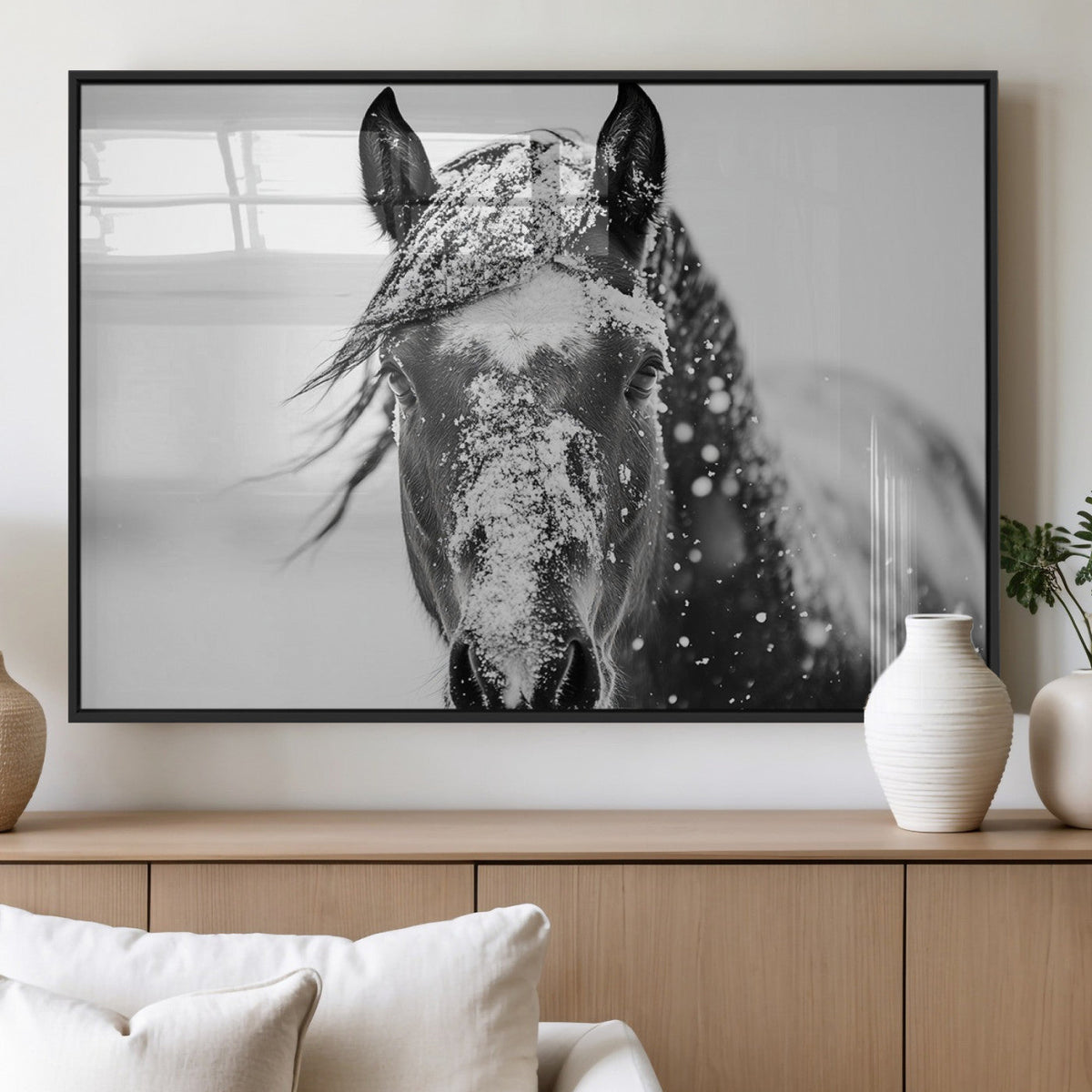 Western Wall Art | Black and White Winter Horse Wall Art |