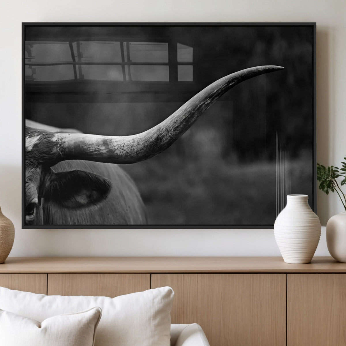 Cow Longhorn Wall Art | Black and White Print | Ready to