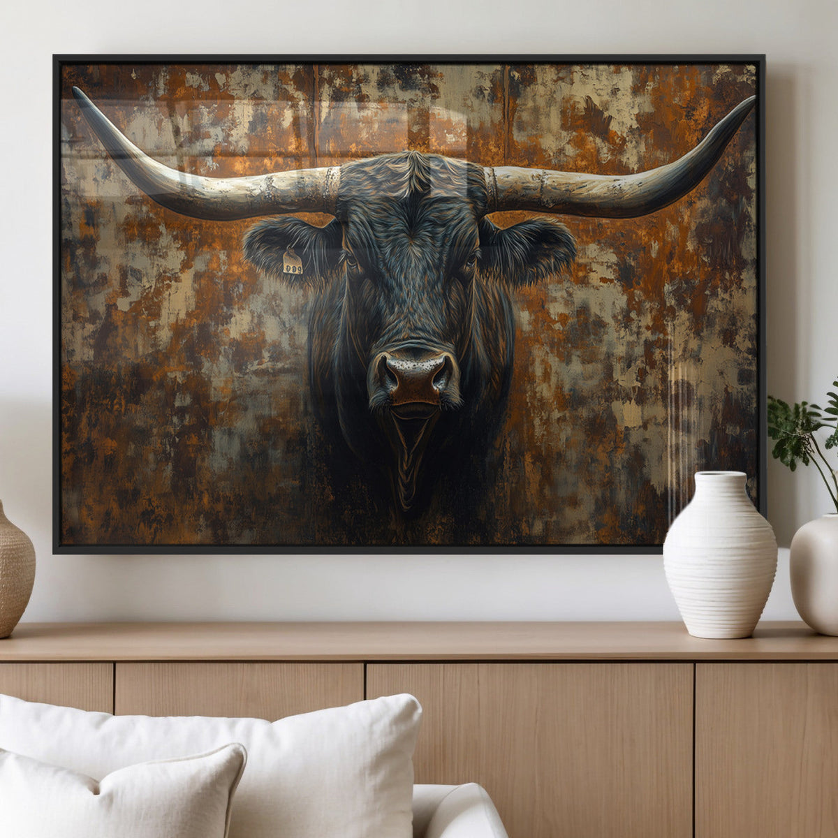 Longhorn Texas Cow Bull Wall Art | Rustic Farmhouse Canvas