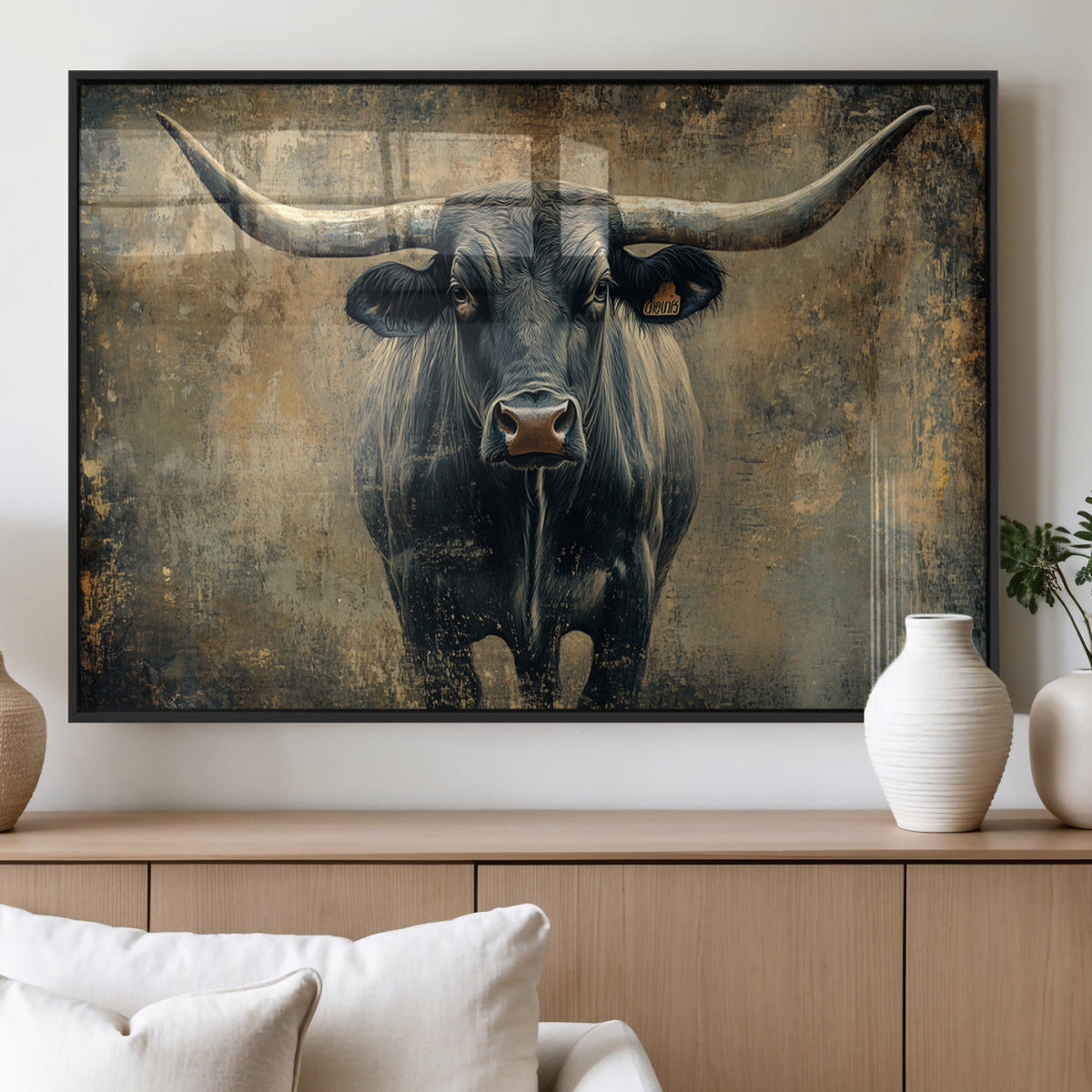 Texas Longhorn Bull Wall Art – Framed Rustic Cow Canvas