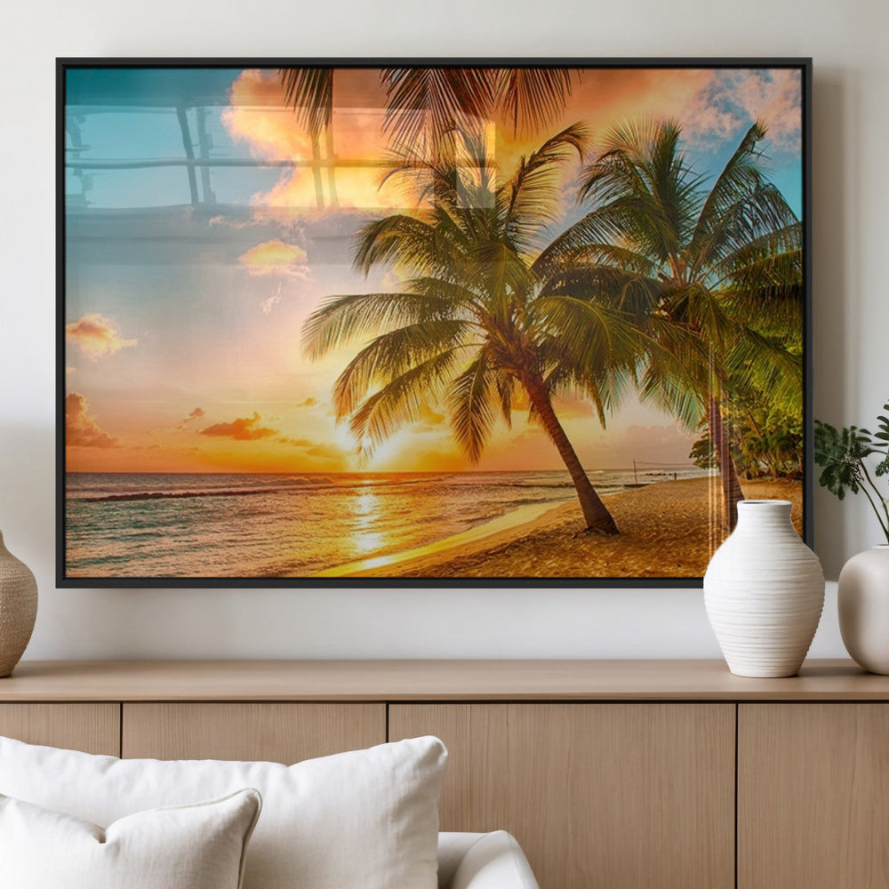 Tropical Sunset Beach Canvas Wall Art Print – Vibrant Palm