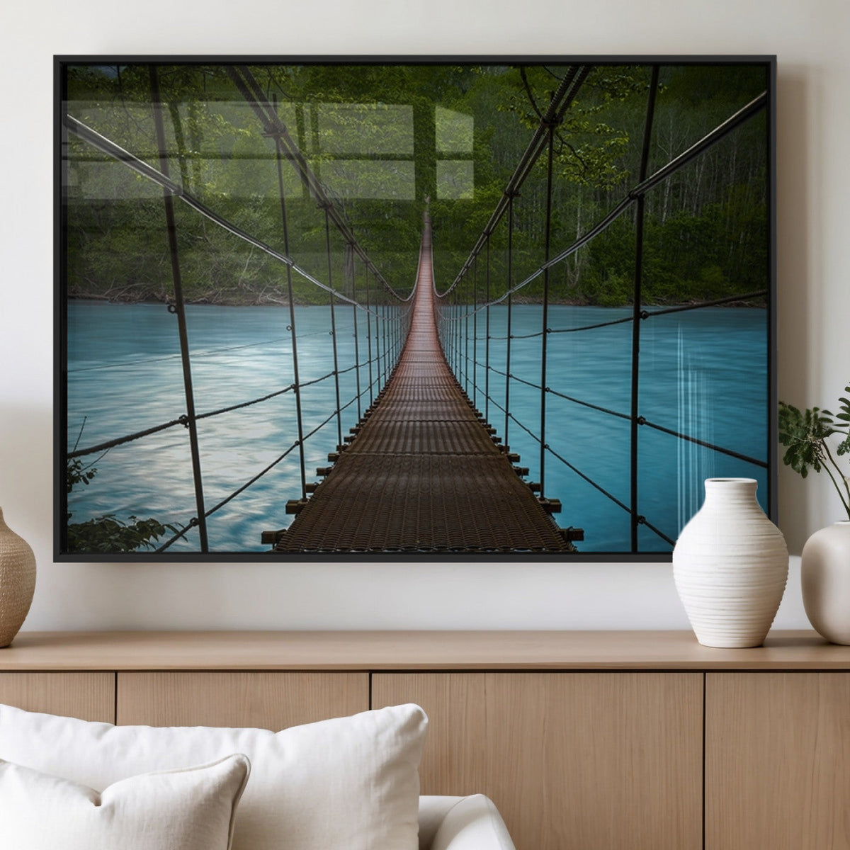 Suspension Bridge Over River Canvas Art | 3-Panel Nature