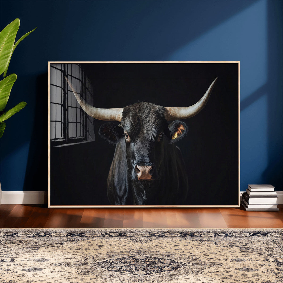 Majestic Longhorn Bull Wall Art Canvas Print – Dark