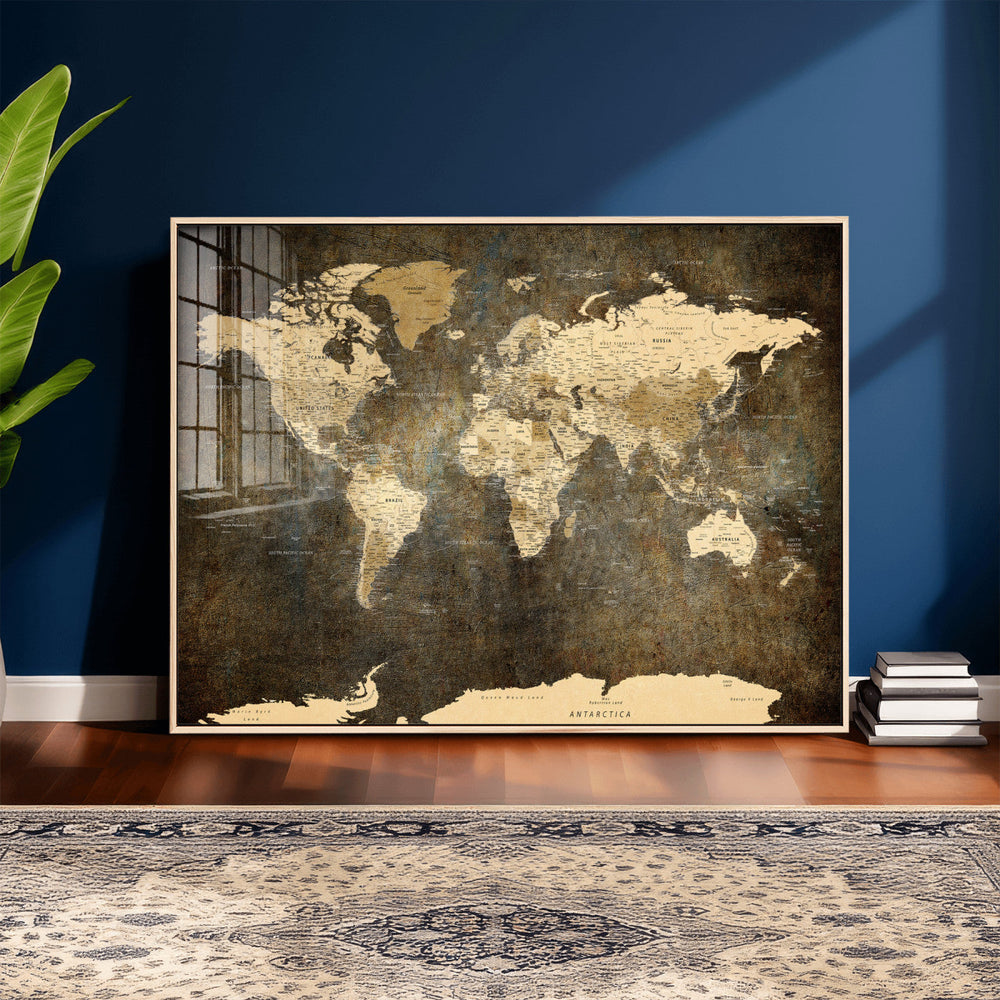 Large Framed Vintage World Map Wall Art Print for Home Wall