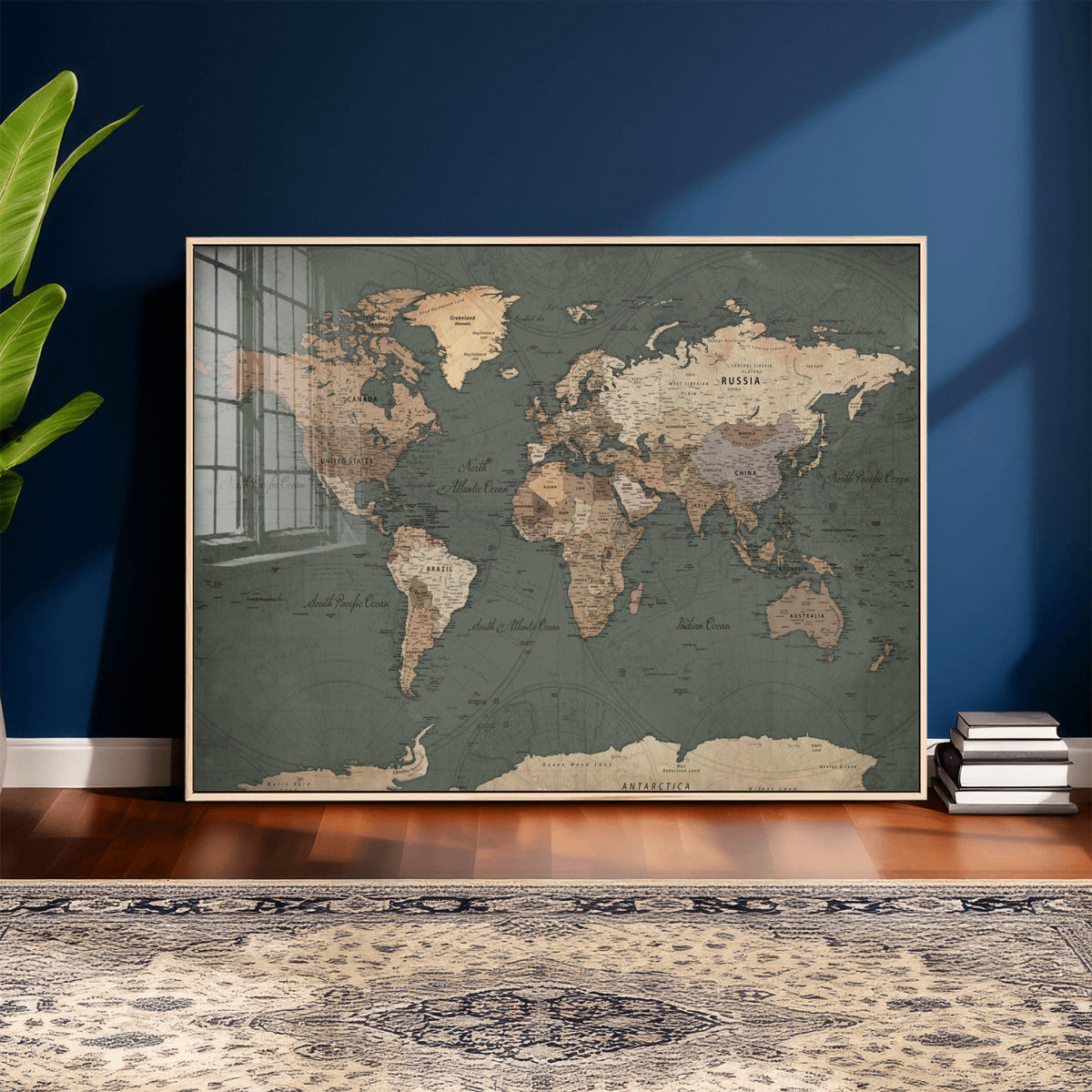 Rustic Black and Wood World Map Canvas Wall Art – Framed