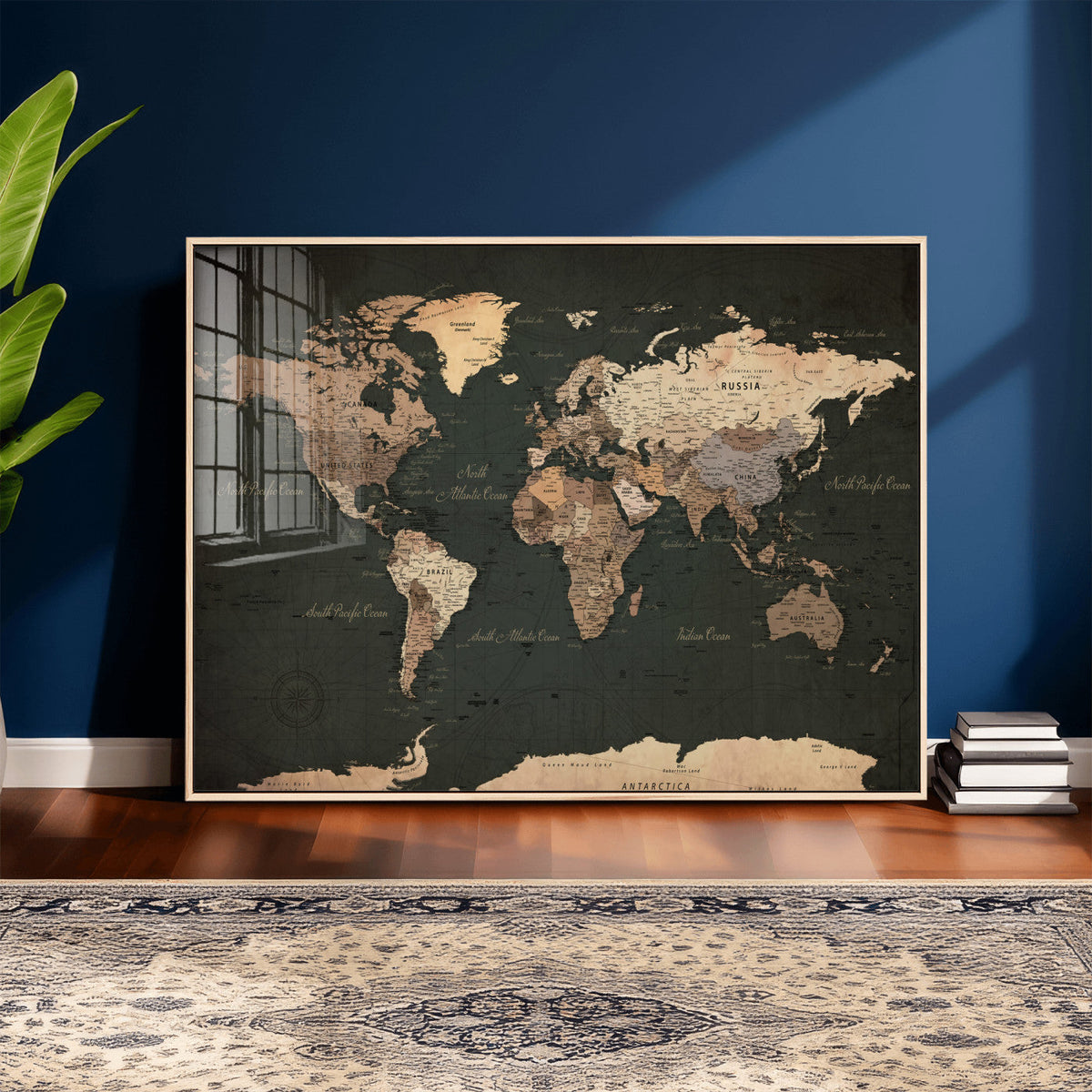 Vintage World Map Canvas Wall Art – Framed Travel Map for
