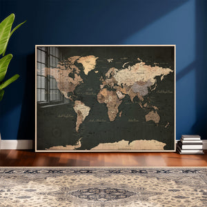 Vintage World Map Canvas Wall Art – Framed Travel Map for
