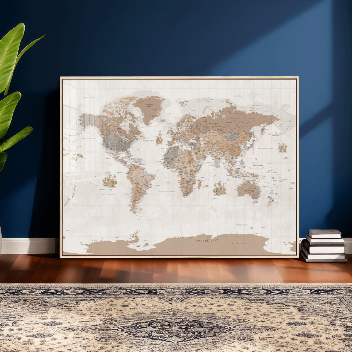 Framed Large World Map Canvas Print for Office Decor