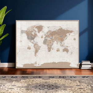 Framed Large World Map Canvas Print for Office Decor