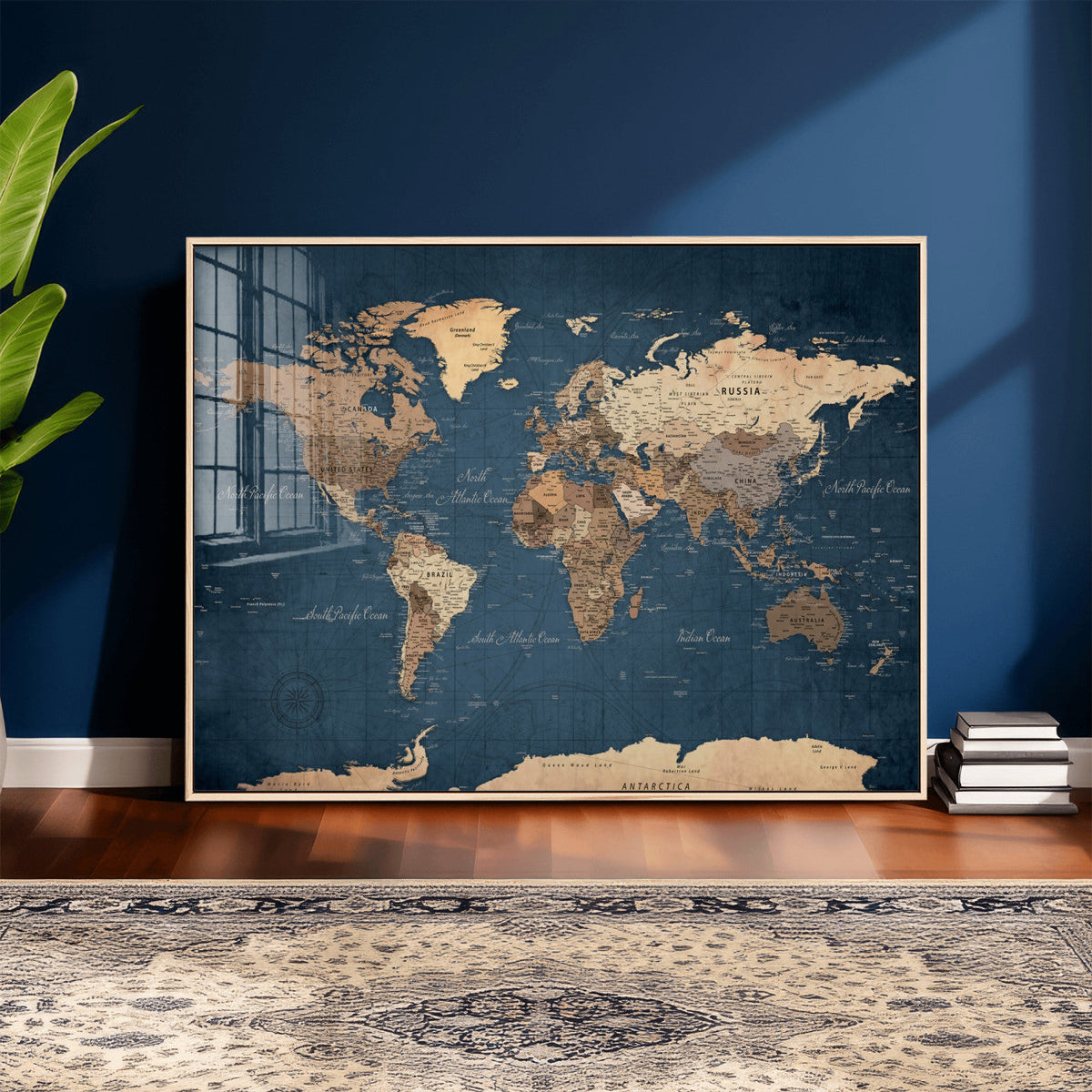 Navy Blue World Map Canvas Print – Framed Travel Map Wall