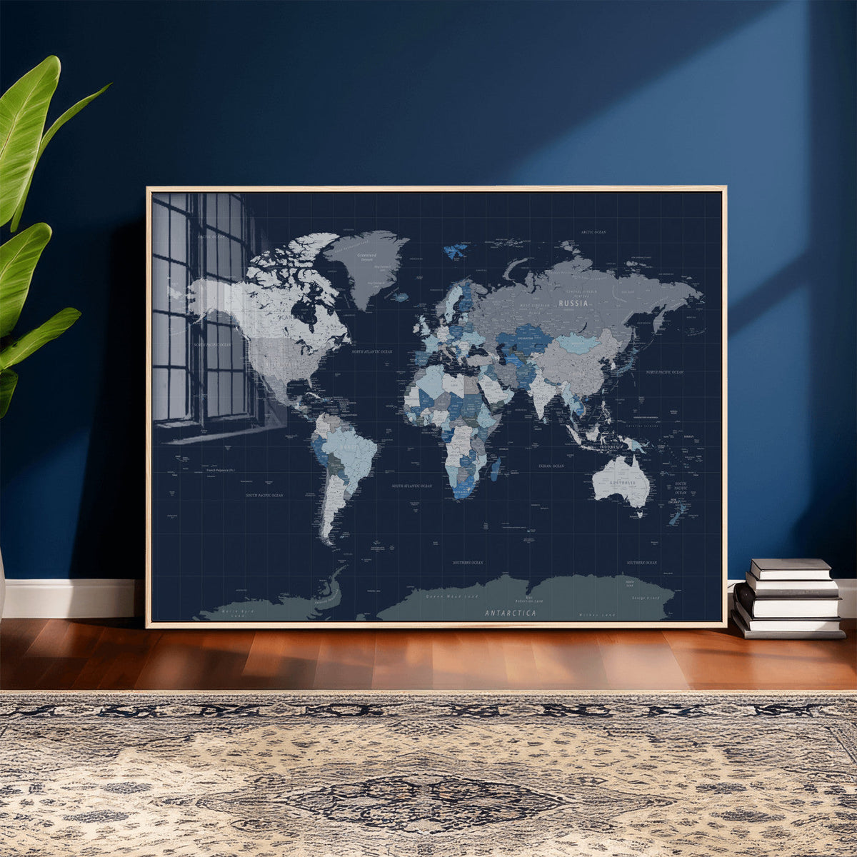Blue Detailed World Map Wall Art Canvas Print, Modern Framed