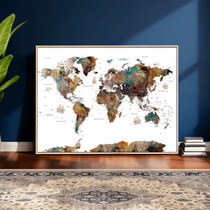 Watercolor World Map Canvas Print – Detailed Map of the