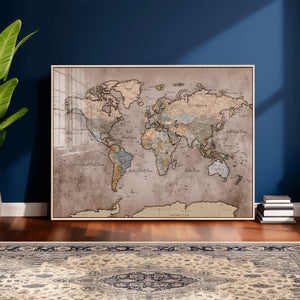 Grunge World Map Canvas Wall Art - Vintage Aged World Map