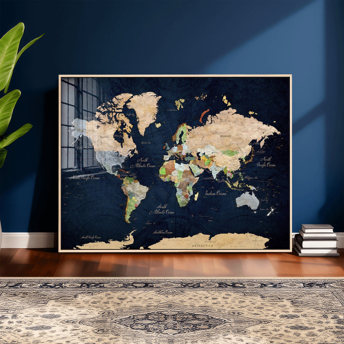 Minimalist World Map Canvas Wall Art - Watercolor Blue and