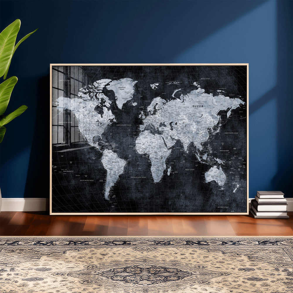 Black World Map Canvas Print – Detailed Map for Couples and