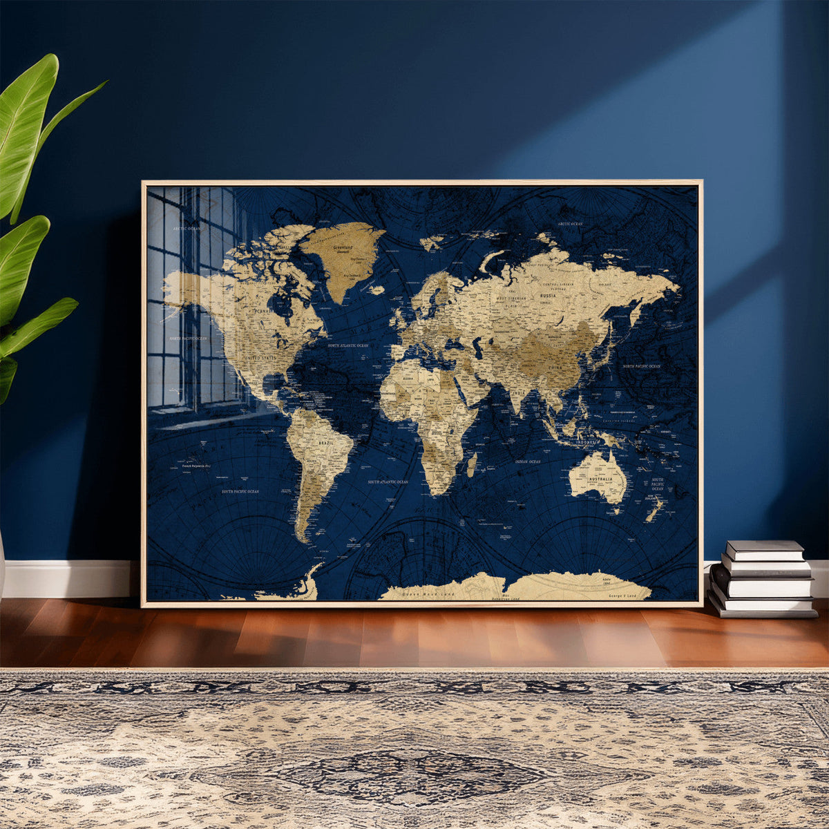 Navy Blue World Map Canvas Print – Detailed Map Minimal Navy