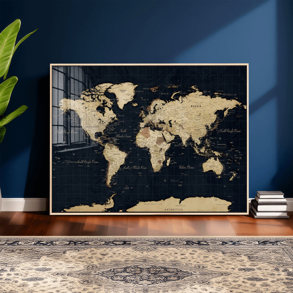 Dark World Map Canvas Wall Art Print, Minimal Black and Gold