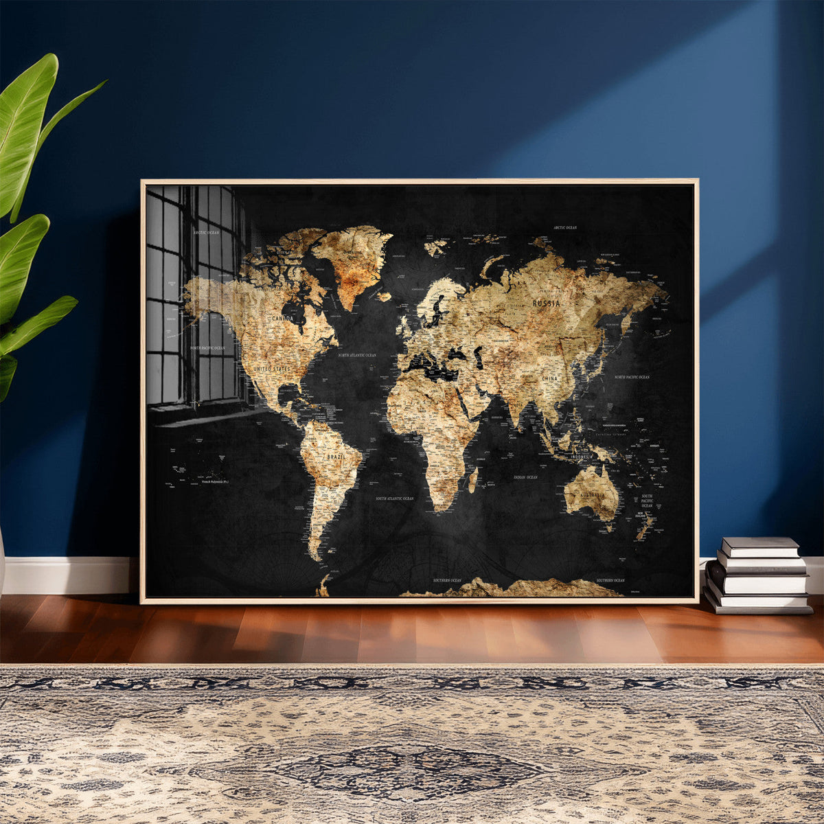 World Map Canvas Wall Art with Famous Landmarks – Framed