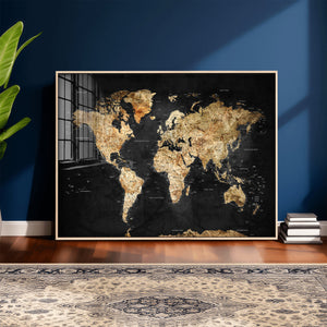 World Map Canvas Wall Art with Famous Landmarks – Framed
