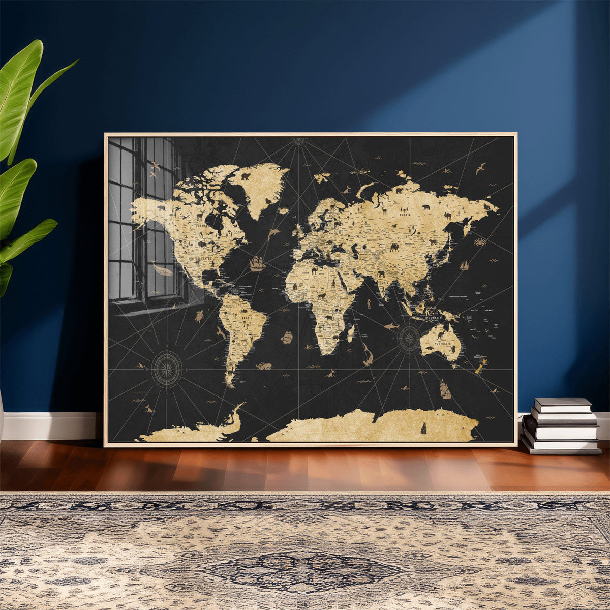 Vintage Blue and Brown World Map Canvas Wall Art – Framed