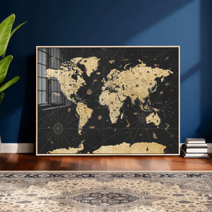 Vintage Blue and Brown World Map Canvas Wall Art – Framed