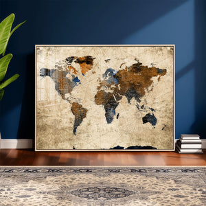 World Map Wall Art Canvas Print, Modern Decorative Framed