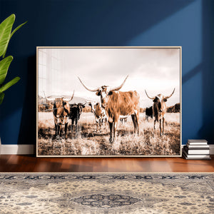 Texas Longhorn Cattle Wall Art Canvas Print, Sepia Western