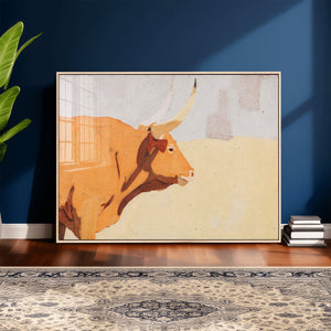 Minimal Longhorn Bull Wall Art Canvas Print, Neutral Western
