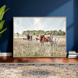 Texas Longhorn Cattle Wall Art Canvas Print, Rustic Ranch
