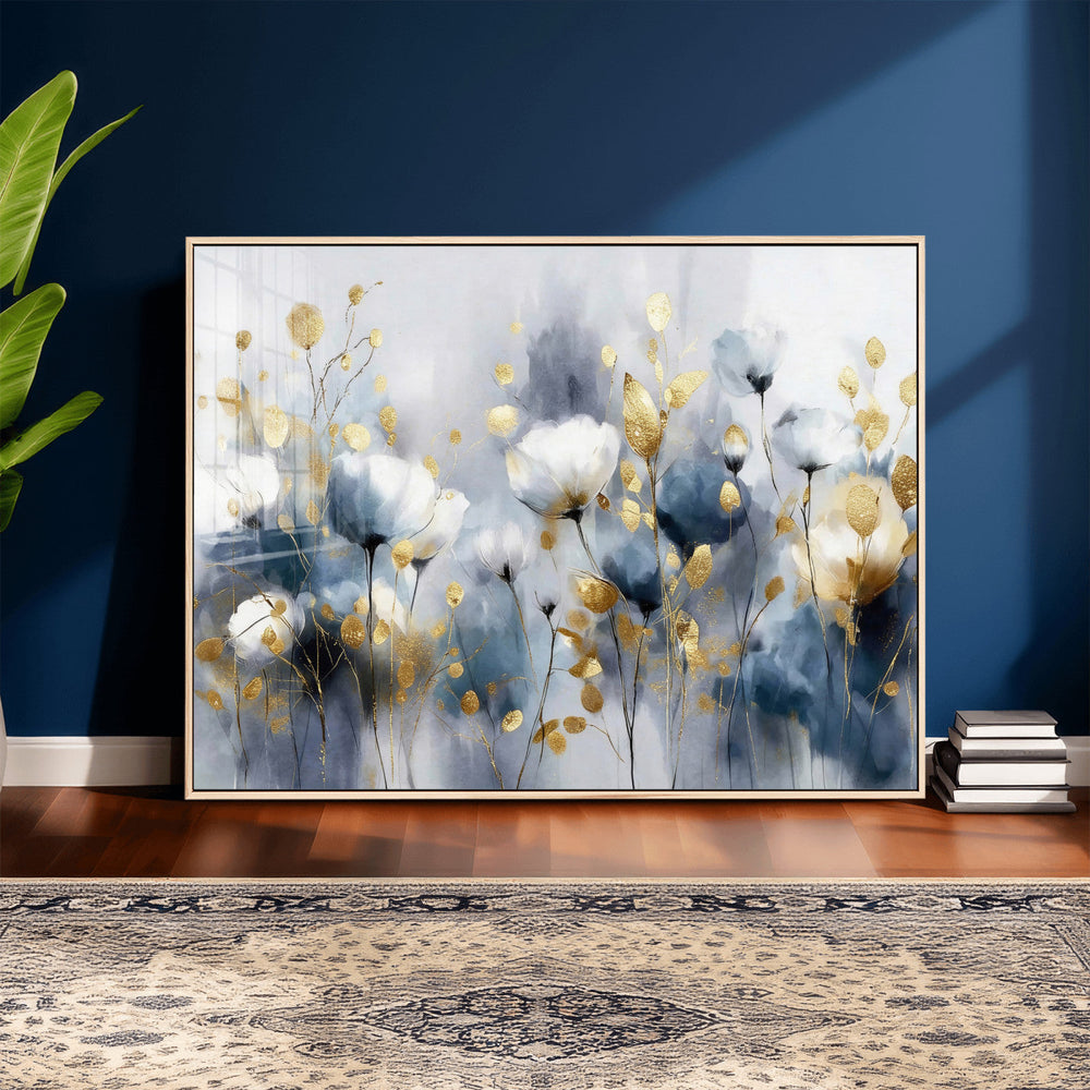 Large Abstract Flowers Wall Art Canvas Print – Gold and Blue